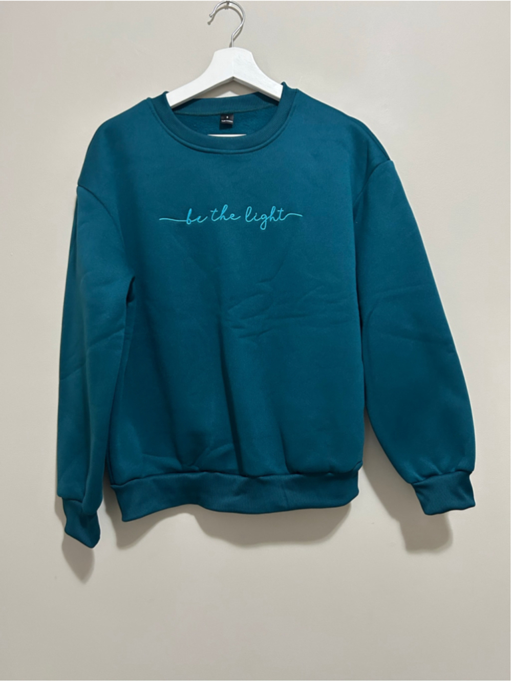 ⚡️ Sweatshirt Size S Teal Blue “Be The Light” Embroidered